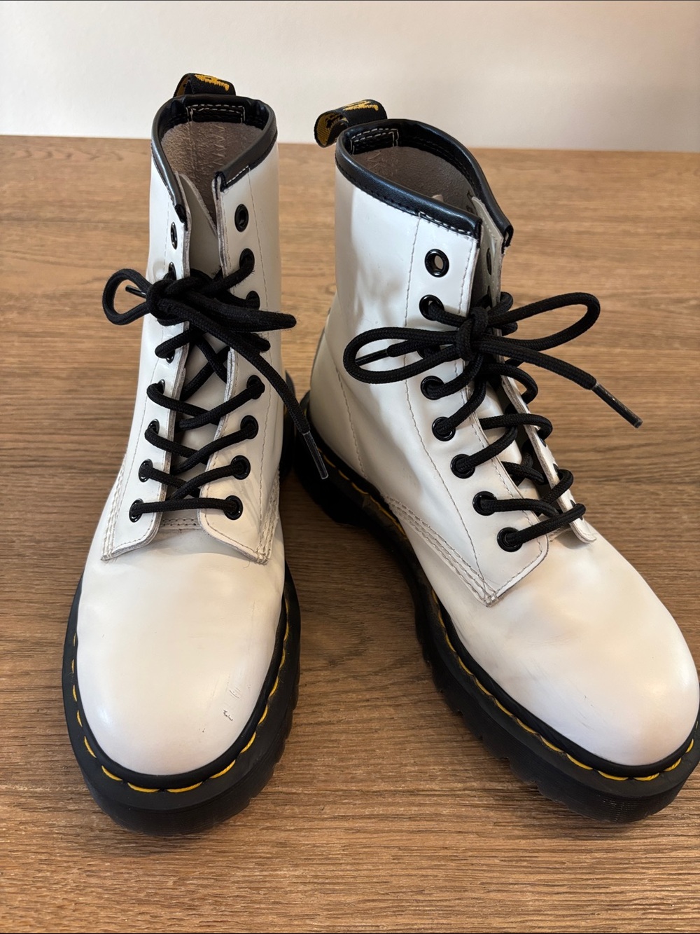 Dr. Martens White Leather Lace-Up Platform Boots with Black Trim